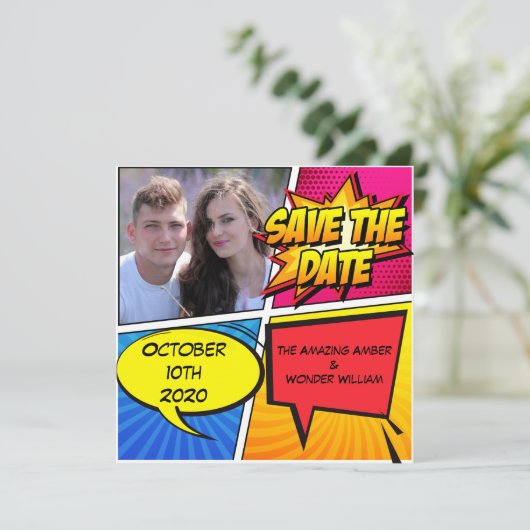 Comic Book Superheld Save the Date (Staand voorkant)