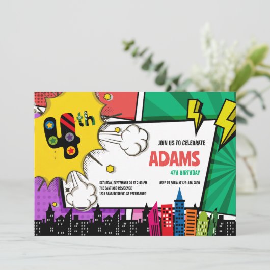 Comic Book Superhero 4e verjaardag Kaart (Staand voorkant)