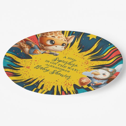 Comic Book Superhero Boy Baby shower Papieren Bordje (Gekanteld)