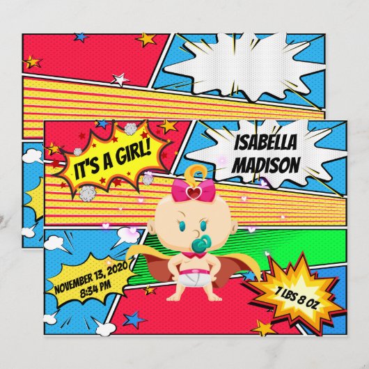 Comic Book Superhero Girl Geboorteaankondiging Aankondiging (Voorkant / Achterkant)
