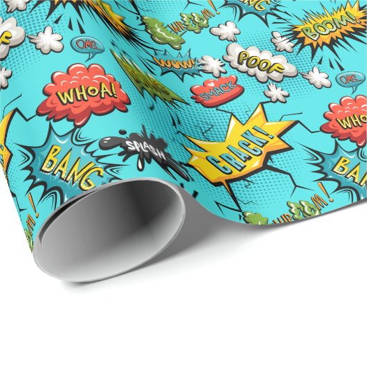 Comic Book Theme Blauwgroen Wrapping Paper Cadeaupapier (Rol Hoek)