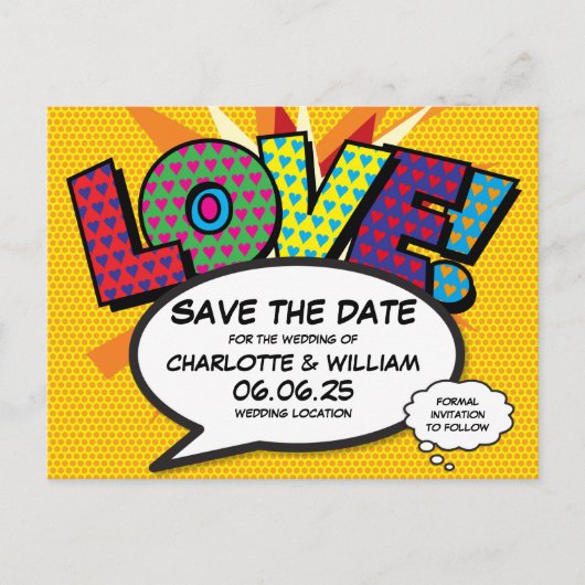 Comic Book Theme Weddenschap Save the Date Aankondigingskaart (Voorkant)
