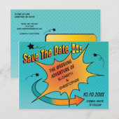 Comic Book Wedding Sla de datum op Aankondigingskaart (Voorkant / Achterkant)