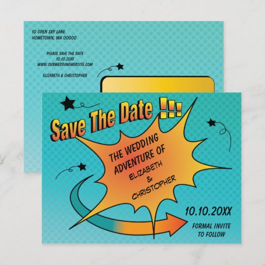 Comic Book Wedding Sla de datum op Aankondigingskaart (Voorkant / Achterkant)