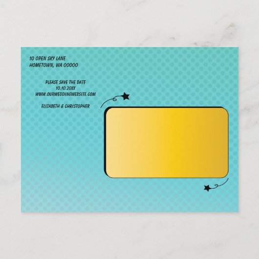 Comic Book Wedding Sla de datum op Aankondigingskaart (Achterkant)