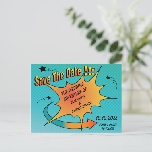 Comic Book Wedding Sla de datum op Aankondigingskaart (Staand voorkant)
