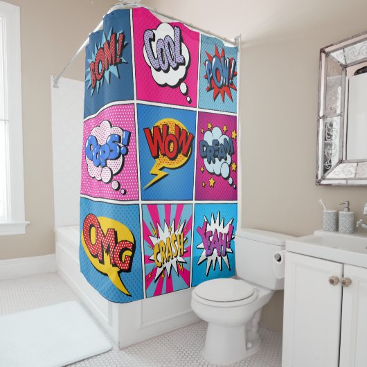 Comic Bubbles set. Expressies Bom, Cool, Pow, Oop Douchegordijn (In situ)