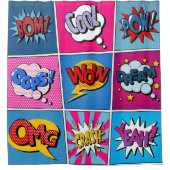 Comic Bubbles set. Expressies Bom, Cool, Pow, Oop Douchegordijn (Voorkant)