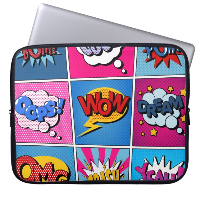 Comic Bubbles set. Expressies Bom, Cool, Pow, Oop Laptop Sleeve (Voorkant)
