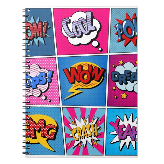 Comic Bubbles set. Expressies Bom, Cool, Pow, Oop Notitieboek (Voorkant)