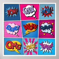 Comic Bubbles set. Expressies Bom, Cool, Pow, Oop
