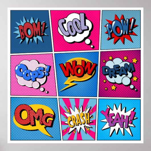 Comic Bubbles set. Expressies Bom, Cool, Pow, Oop Poster (Voorkant)