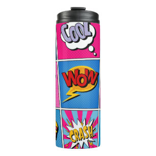 Comic Bubbles set. Expressies Bom, Cool, Pow, Oop Thermosbeker
