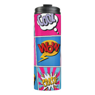 Comic Bubbles set. Expressies Bom, Cool, Pow, Oop Thermosbeker
