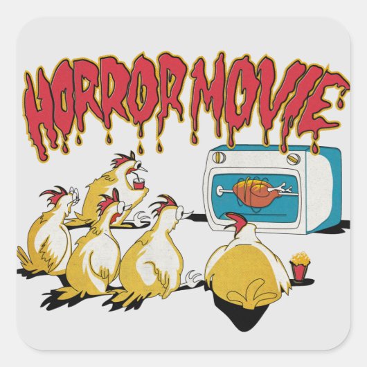 Comic chicken horror film vierkante sticker (Voorkant)