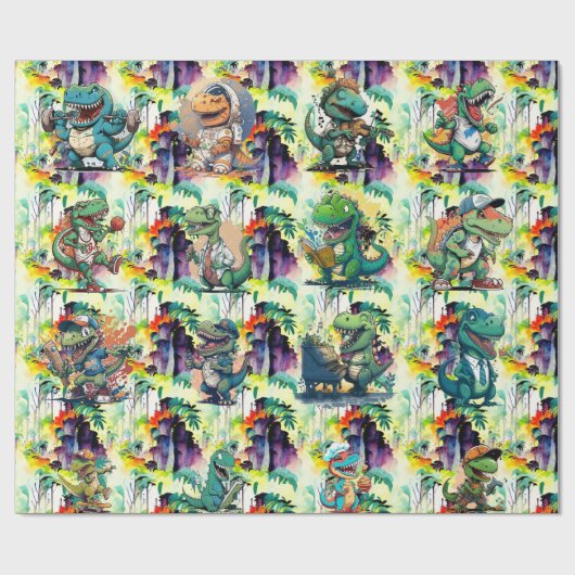 Comic Dinosaur Birthday Party Comic Trex Cadeaupapier (Vlak)