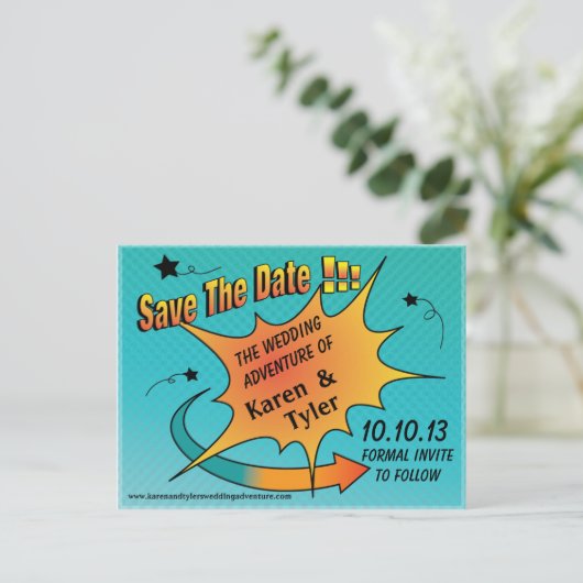 Comic Dot Sla de datum op Aankondigingskaart (Staand voorkant)