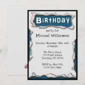 Comic gescheurd papier blauwe verjaardag uitnodigi kaart (Voorkant / Achterkant)