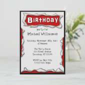 Comic gescheurd papier rode verjaardagsuitnodiging kaart (Staand voorkant)