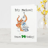 Comic Ginger Cat Heilige Makreel, 14e verjaardag Kaart (Gele Bloem)
