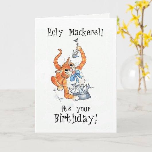 Comic Ginger Cat, Heilige Makreel, Verjaardag Kaar Kaart (Gele Bloem)