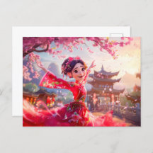 Comic Girl dansen met kersenbloesems in maart