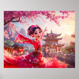 Comic Girl dansen met kersenbloesems in maart Poster