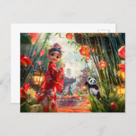 Comic Girl in Bamboo Forest beroemd gemaakt door P Feestdagenkaart