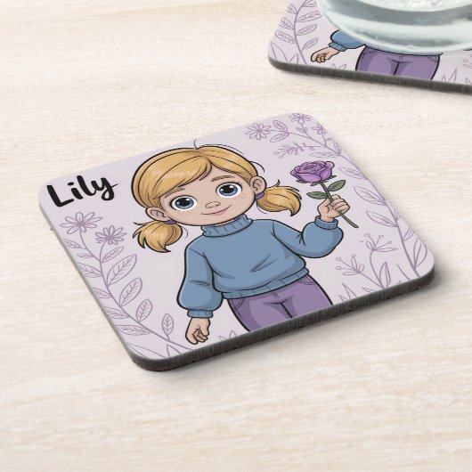 Comic Girl Lavendel Roos Plastic Onderzetter Set (Linkerzijde)