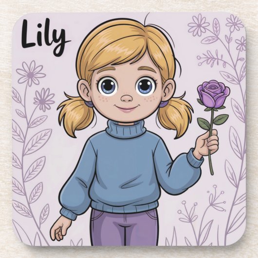 Comic Girl Lavendel Roos Plastic Onderzetter Set (Voorkant)