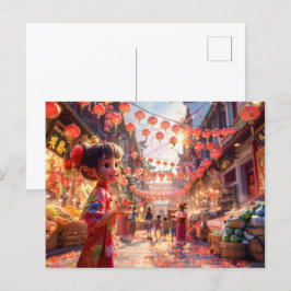 Comic Girl met Porcelain Bowl van Aardbeien bij Feestdagenkaart