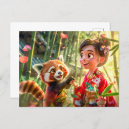 Comic Girl met rode panda in een speelse scène Feestdagenkaart