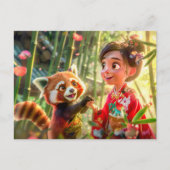 Comic Girl met rode panda in een speelse scène Feestdagenkaart (Voorkant)