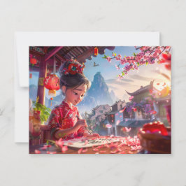 Comic Girl schrijft kalligrafie in mei Briefkaart