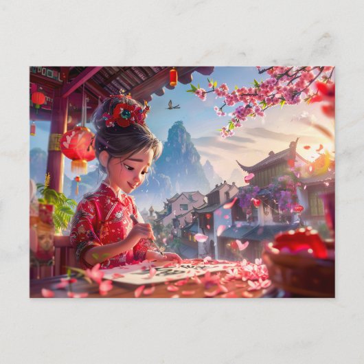 Comic Girl schrijft kalligrafie in mei Briefkaart (Voorkant)