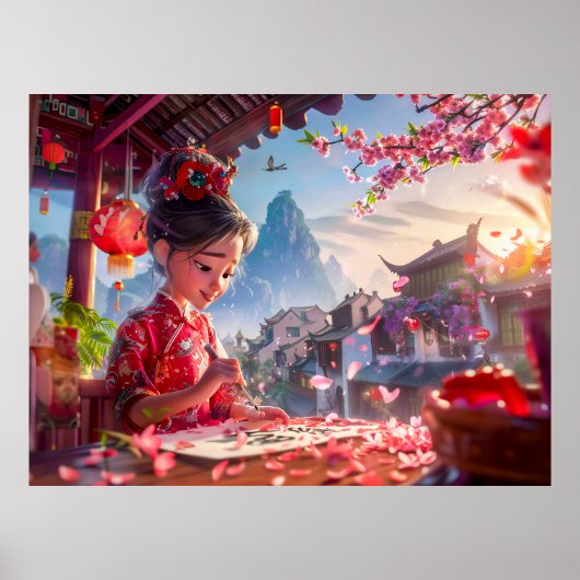 Comic Girl schrijft kalligrafie in mei Poster (Voorkant)