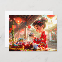 Comic Girl serveert thee in een traditionele setti Feestdagenkaart