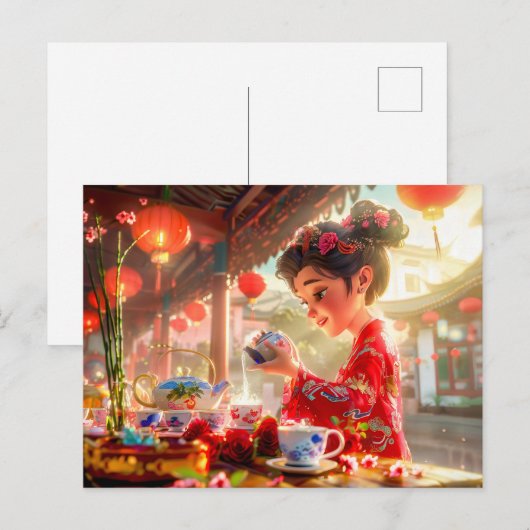 Comic Girl serveert thee in een traditionele setti Feestdagenkaart (Voorkant / Achterkant)
