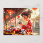 Comic Girl serveert thee in een traditionele setti Feestdagenkaart (Voorkant)