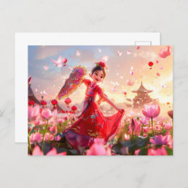 Comic Girl tante met traditionele fan Feestdagenkaart