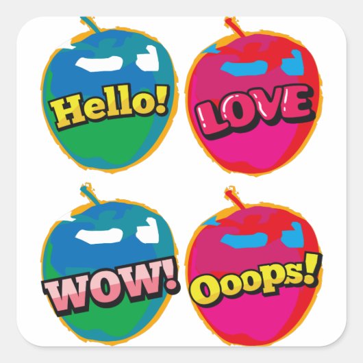 Comic Hallo Love Pink Apple Pop Art Vierkante Sticker (Voorkant)
