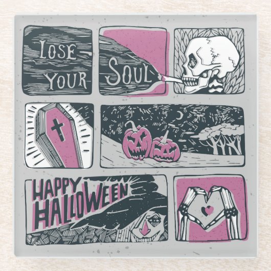 Comic Halloween: leuke illustratie Glazen Onderzetter (Voorkant)