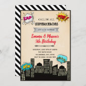 Comic held joint verjaardagsuitnodiging kaart (Voorkant / Achterkant)