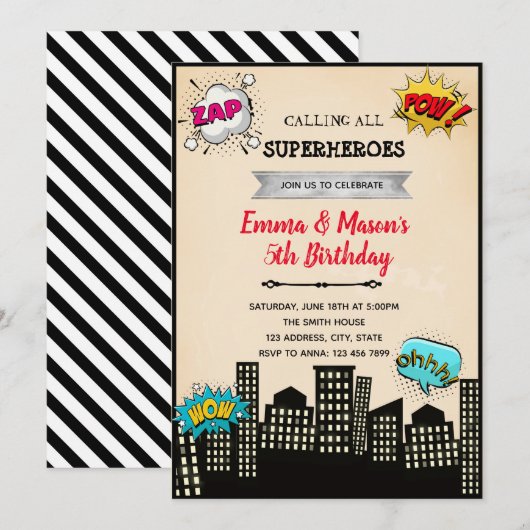 Comic held joint verjaardagsuitnodiging kaart (Voorkant / Achterkant)