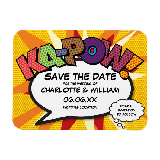 Comic KA-POW Modern Fun Save the Date Magneet (Horizontaal)