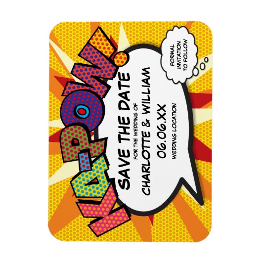 Comic KA-POW Modern Fun Save the Date Magneet (Verticaal)