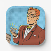 Comic Man met een mobiele telefoon Papieren Bordje (Voorkant)