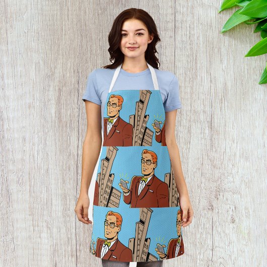 Comic Man met een mobiele telefoon Schort