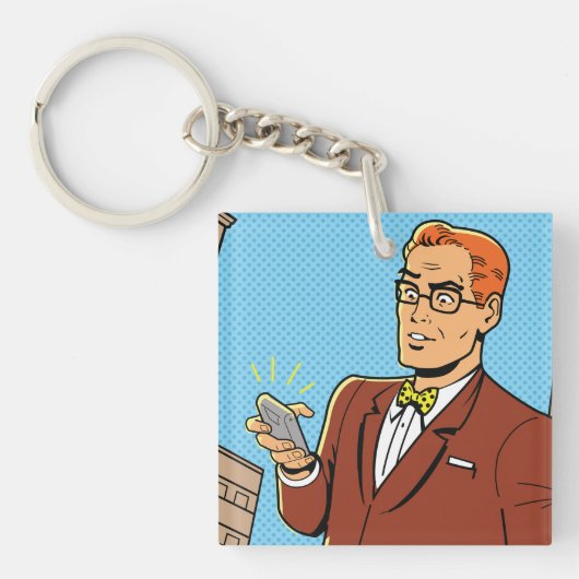 Comic Man met een mobiele telefoon Sleutelhanger (Voorkant)