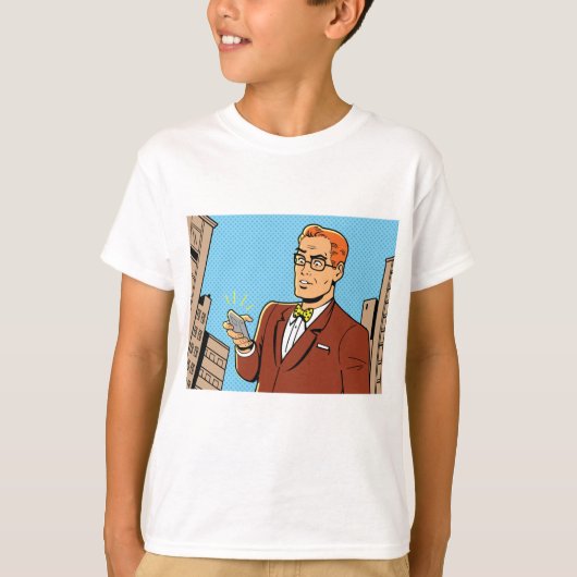 Comic Man met een mobiele telefoon T-shirt (Voorkant)